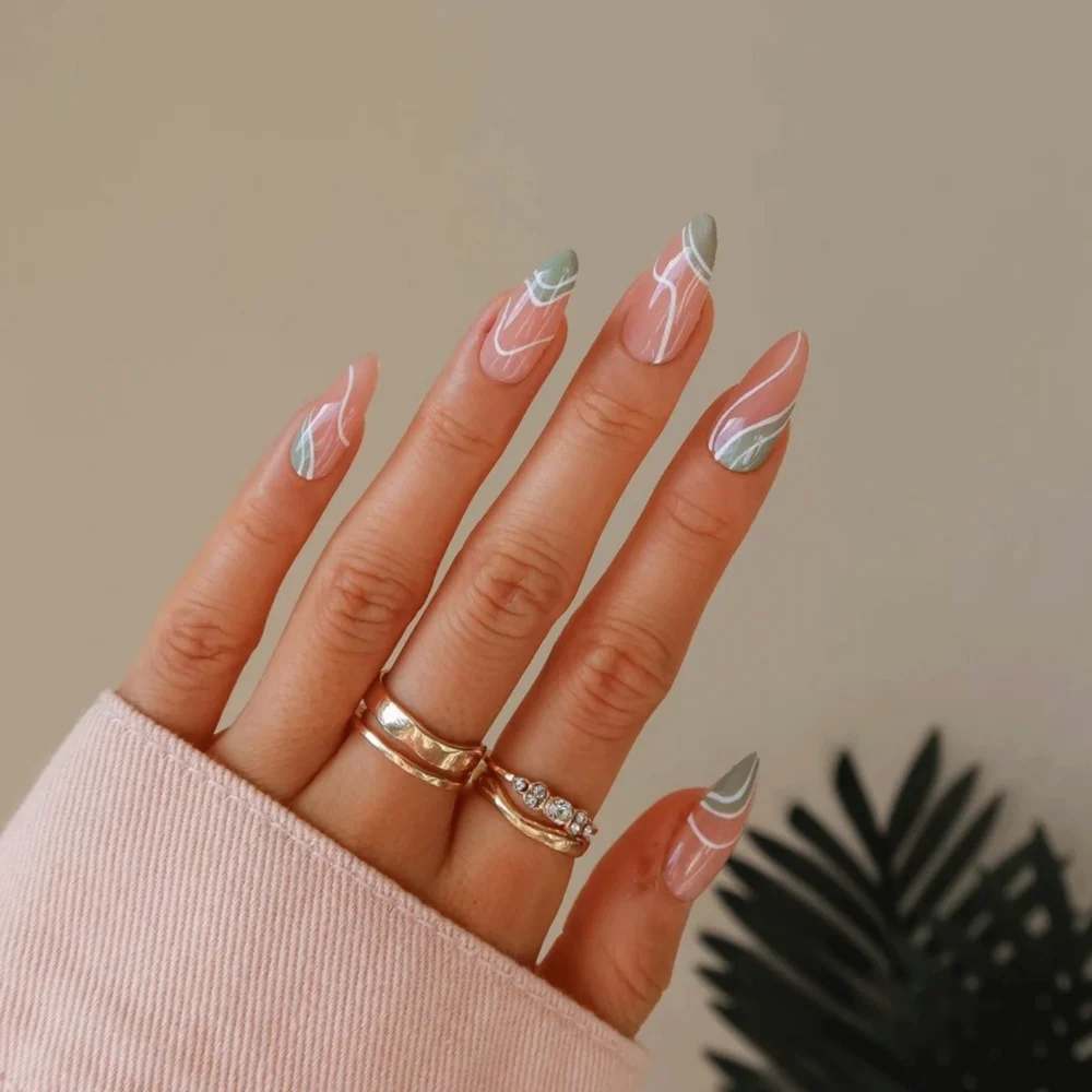 fall nails with sage green and pink