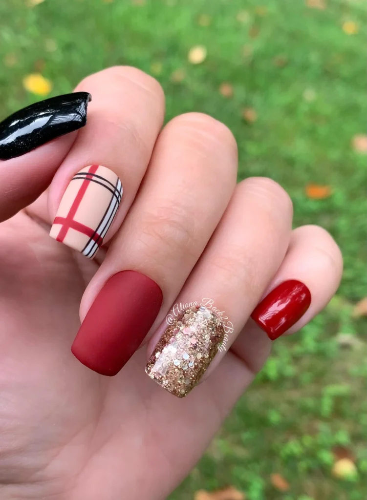 fall nails with red and plaid